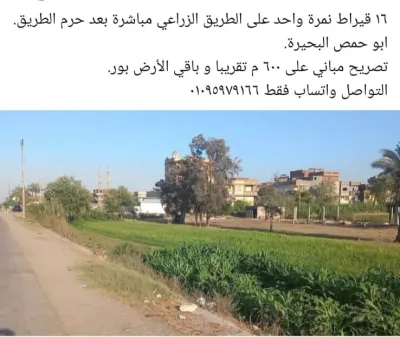 ابوحمص ١٦ قيراط ع الزراعي مباشرة بعد حرم الطريق بتصريح مباني