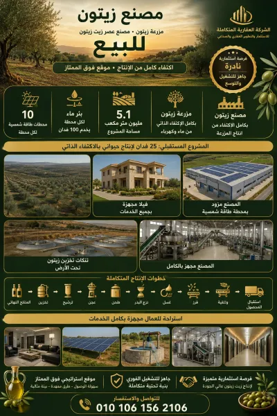 مصنع زيت زيتون للبيع مع مزارع زيتون ومحطات طاقة شمسية