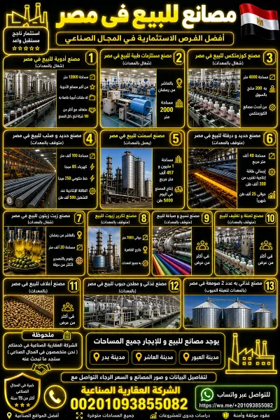 مصانع للبيع فى مصر 00201093855082